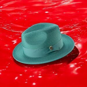 MONTIQUE MENS EMERALD WIDE BRIM PINCH FEDORA HAT W MATCHING GROSGRAIN RIBBON H42